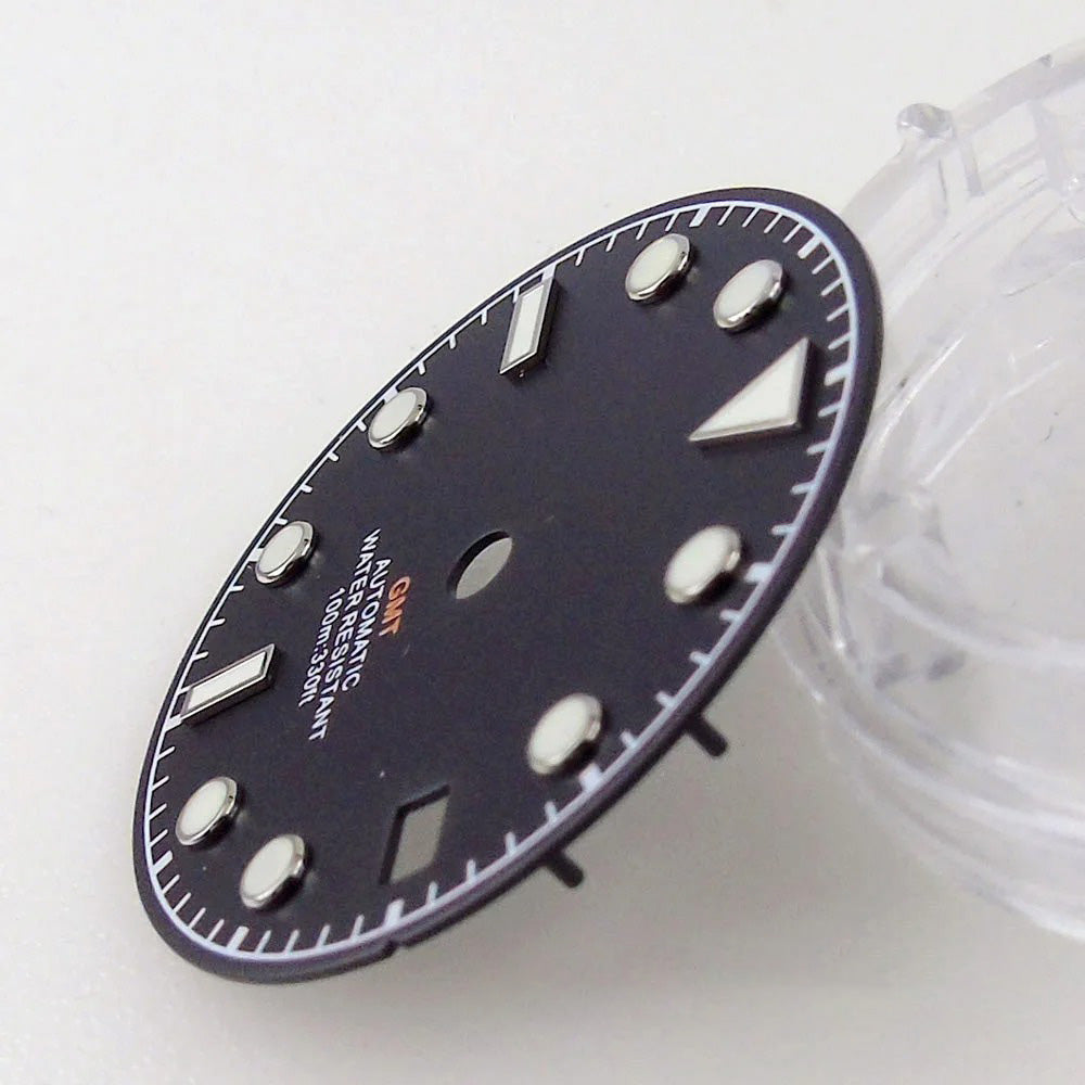 3/3.8 clock Nologo NH34 watch dial, 29mm white and blue steel plate with green luminous snowflake hand for GMT mod