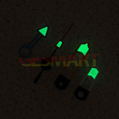 GMT Arrow watch hands with vibrant trim and green luminous coating, designed for NH34 movement accuracy.