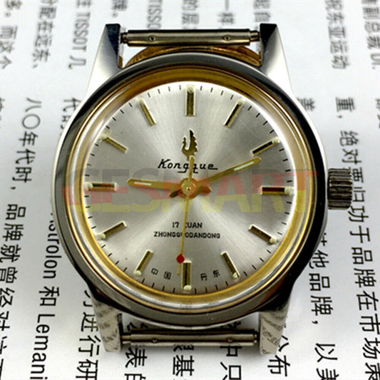 33mm Dandong manual mechanical watch with silver dial, golden markers, and 17 jewels for precision.