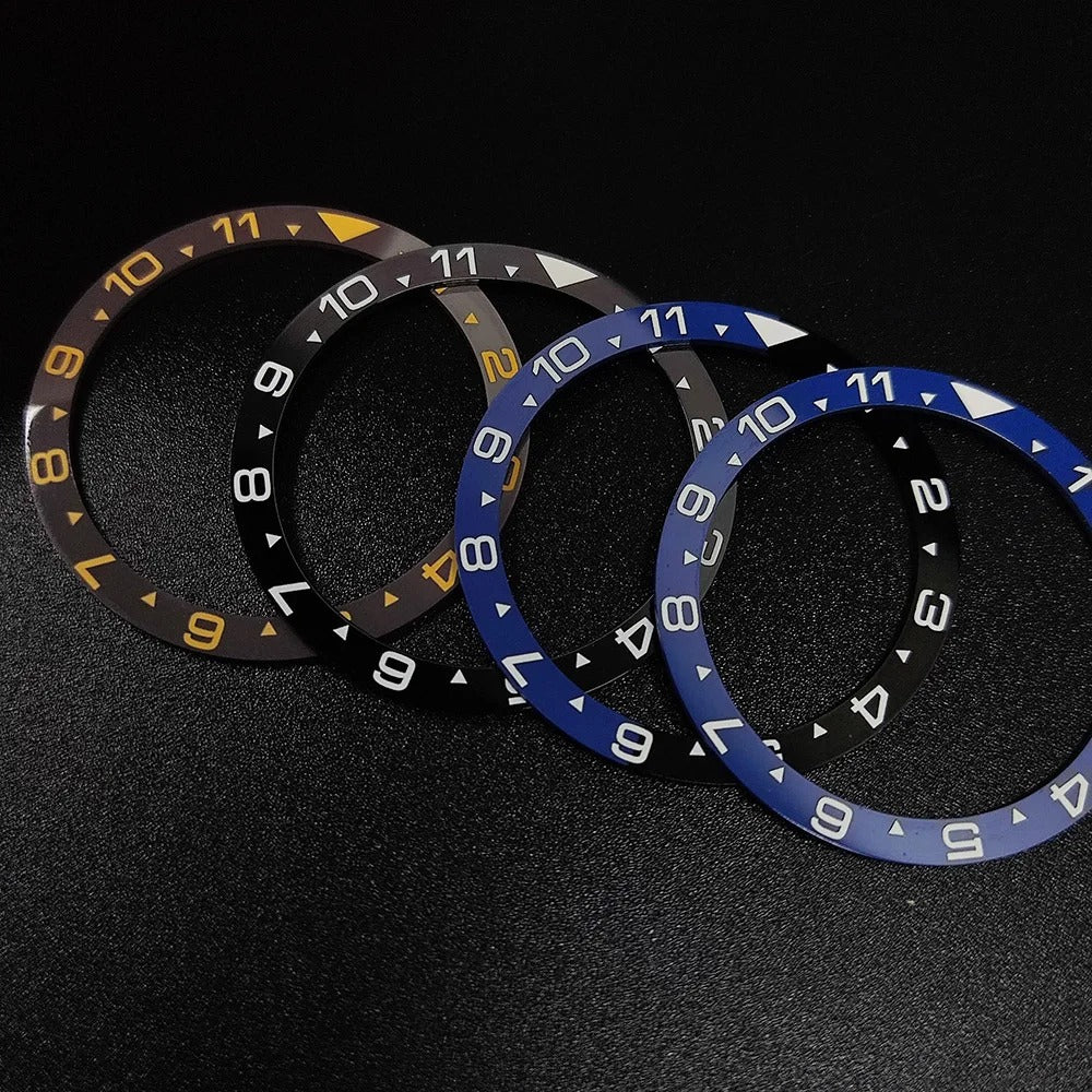 Flat ceramic bezel insert 38mm with luminous markers for precise watch accessory replacement.
