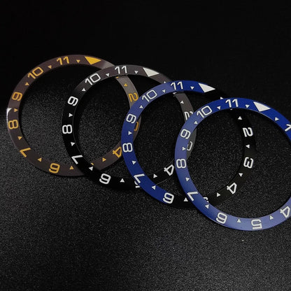 Flat ceramic bezel insert 38mm with luminous markers for precise watch accessory replacement.