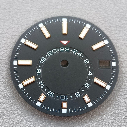 28.5mm Silver Nail Black Watch Dial For NH35 Movement Green Lume No Logo 24-Hour
