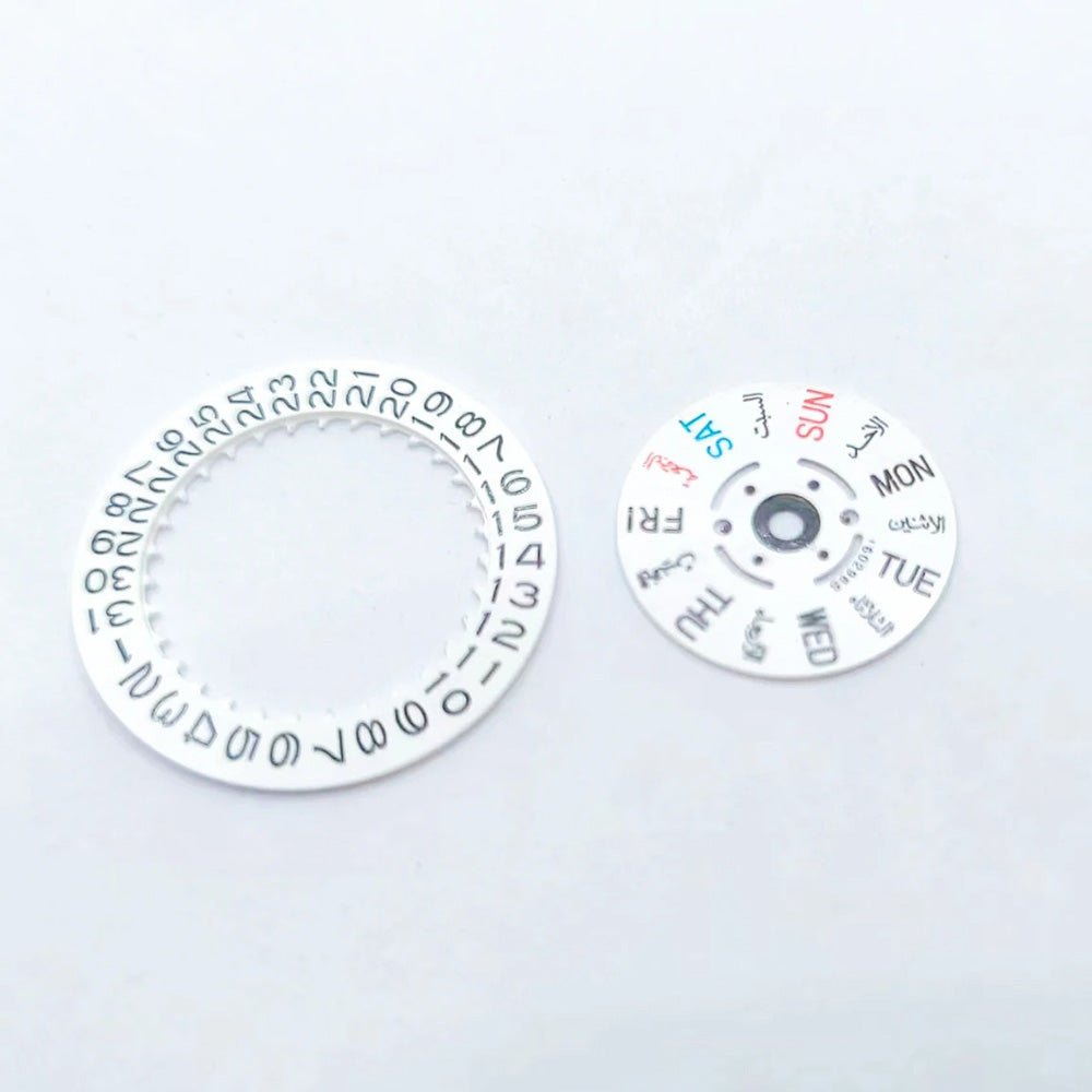 Set of calendar date and day wheel discs for 7S26 watch movement replacement, precise timing parts.