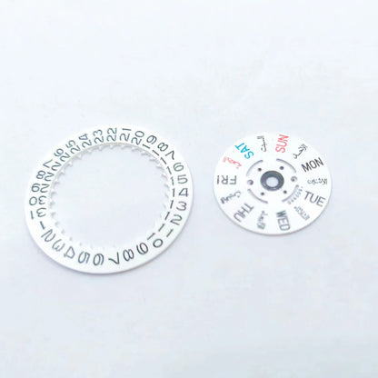 Set of calendar date and day wheel discs for 7S26 watch movement replacement, precise timing parts.
