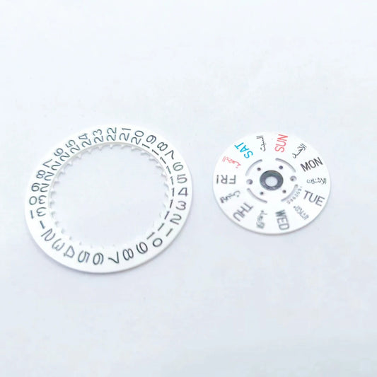 Set of calendar date and day wheel discs for 7S26 watch movement replacement, precise timing parts.