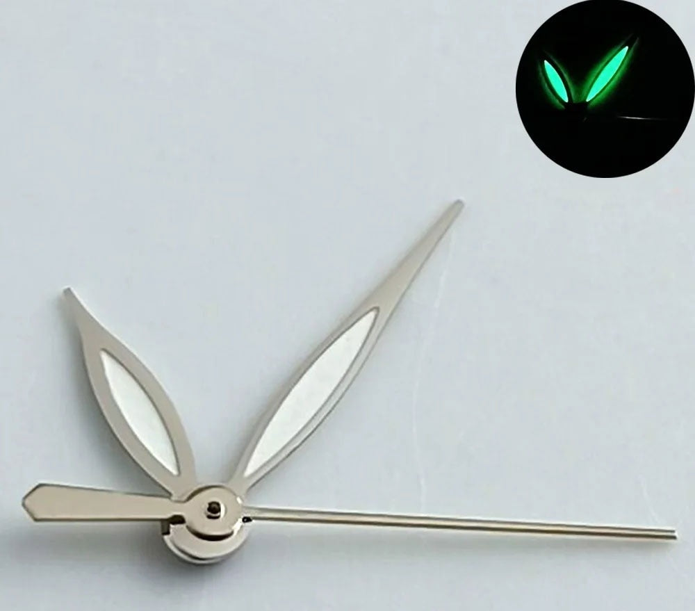Green lume leaf-shaped watch hands with silver trim for NH35 NH36 7S26 NH70 NH72 movements.