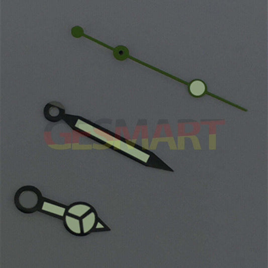 Green lume watch hands with black trim for ETA2836/2846/2824/2846 movements, perfect for vintage watch restoration.