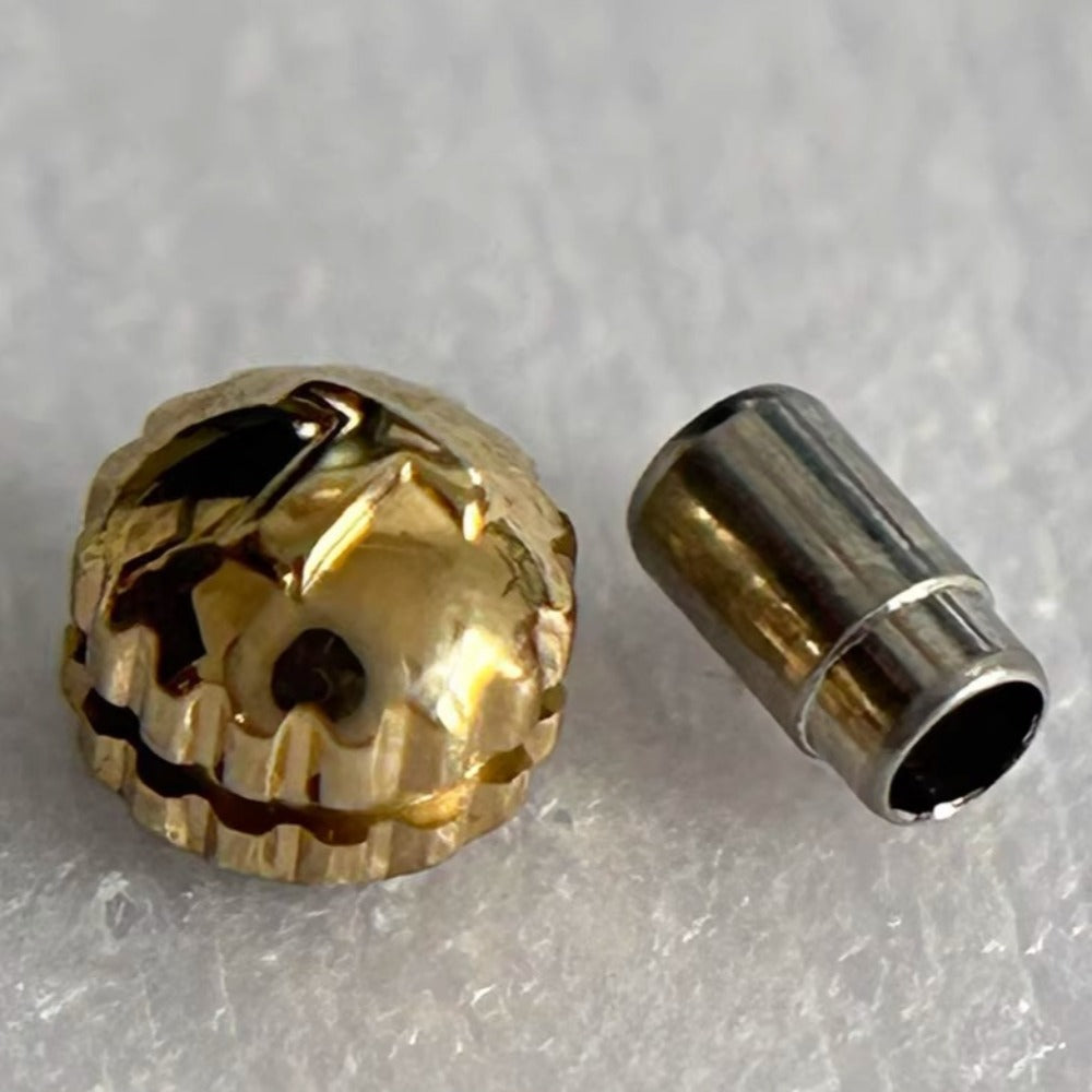 Steel golden small watch crown for Tissot T97, precision replacement part for watch repair.