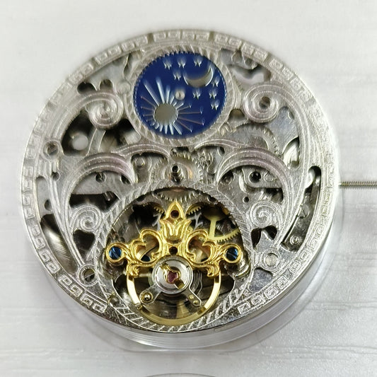 Silver hollow mechanical watch accessory with big flywheel and moonphase at 12, China-made craftsmanship.