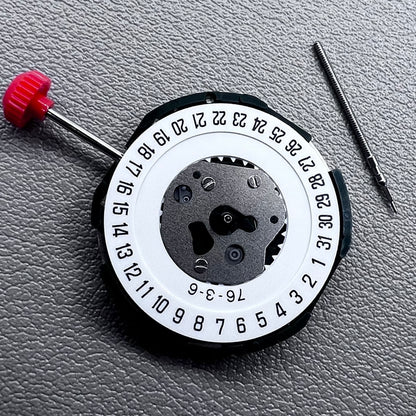Miyota 2115 quartz movement with date at 6 o'clock and watch stem for precise timekeeping.