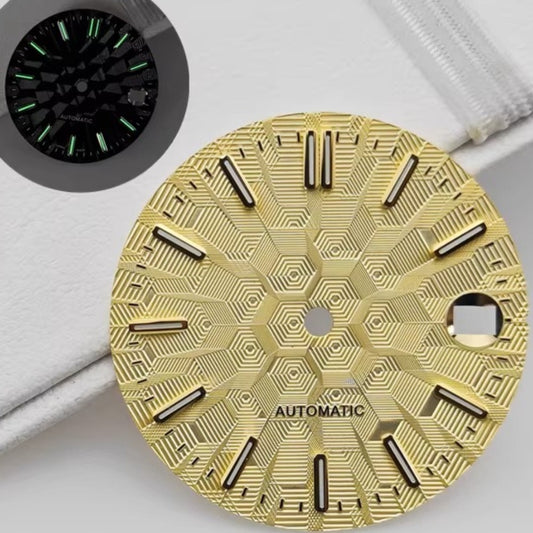 Yellow 28.5mm golden nail-style lume watch dial for NH35 NH36 movements, no logo, vibrant design.