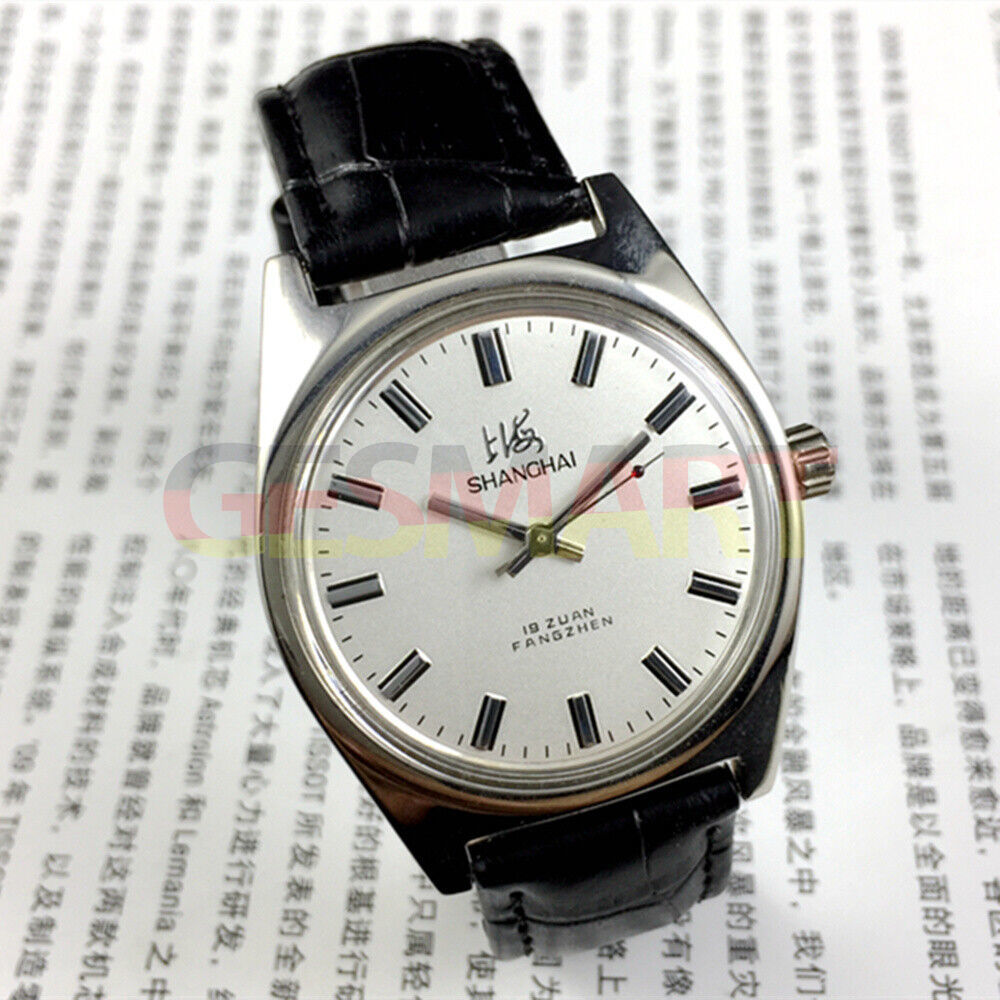Shanghai Factory 38mm manual mechanical watch with white dial, 3 hands, 19 jewels, classic design.