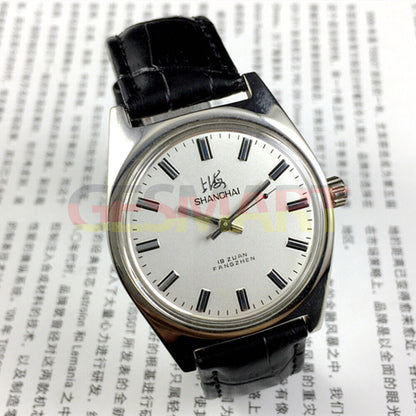 Shanghai Factory 38mm manual mechanical watch with white dial, 3 hands, 19 jewels, classic design.