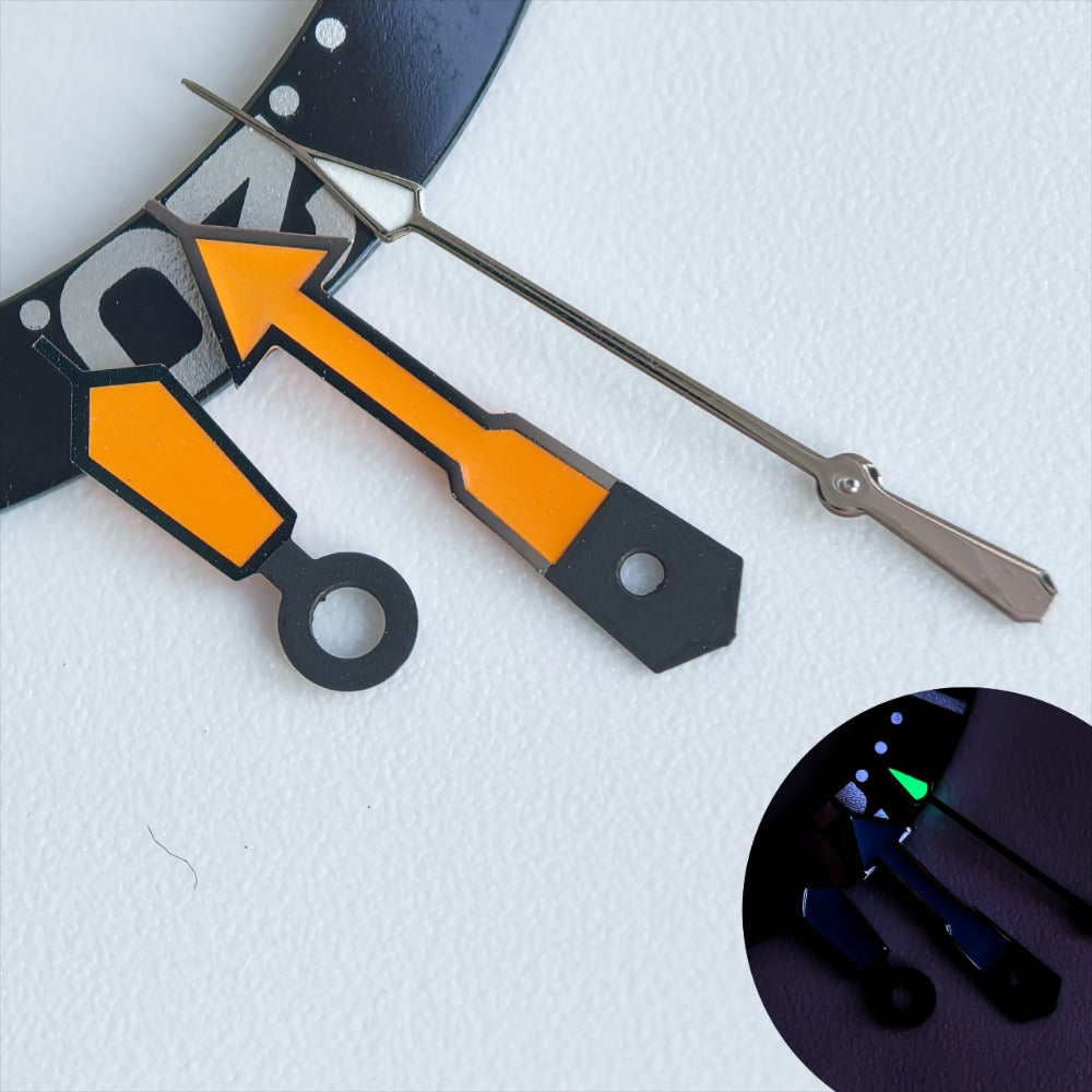 Dark grey trim orange-painted watch hands with green lume for NH35/36 movement, enhancing visibility and style.