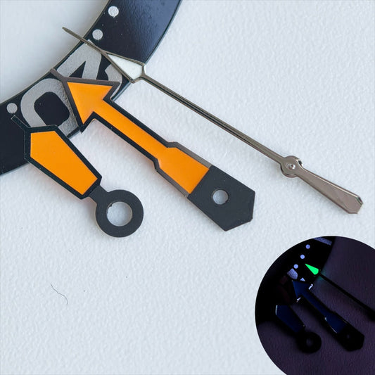 Dark grey trim orange and green lume watch hands for NH35/36 movement, enhancing visibility and style.