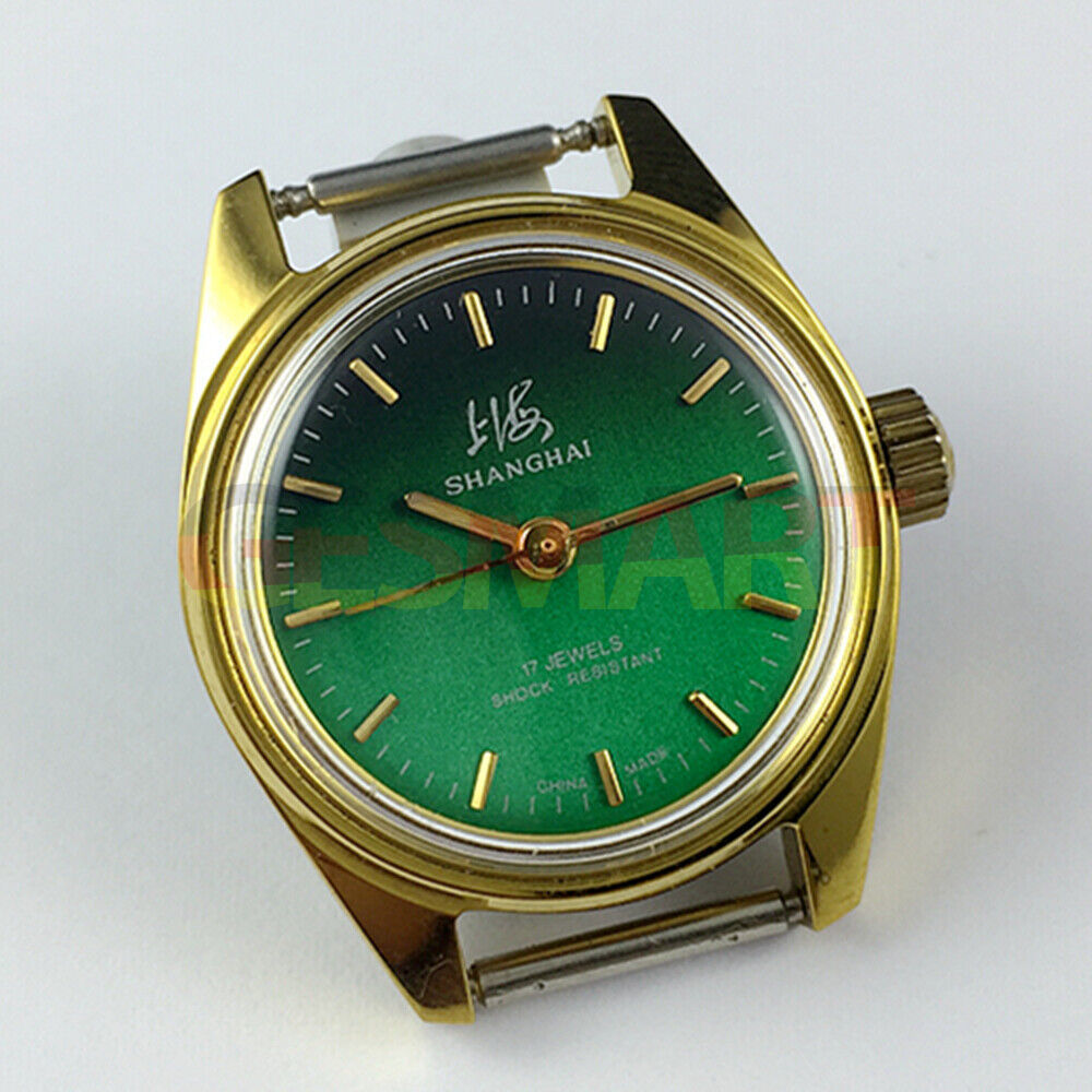 27mm China-made Lady Manual Mechanical Watch with 17 Jewels, dark green dial, golden nail hands
