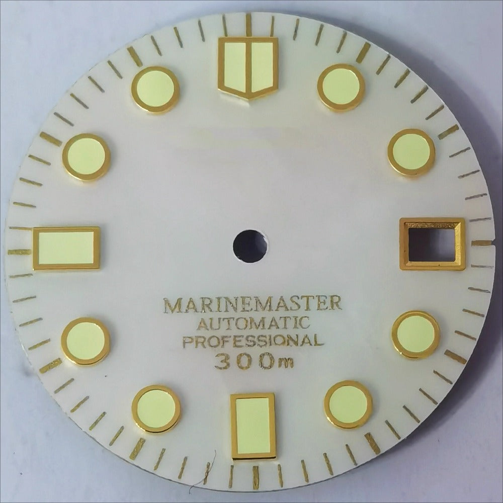 Light Grey 28.5mm Seashell watch dial with green lume, MOP finish, for NH35/NH36 movements by Modified 300m