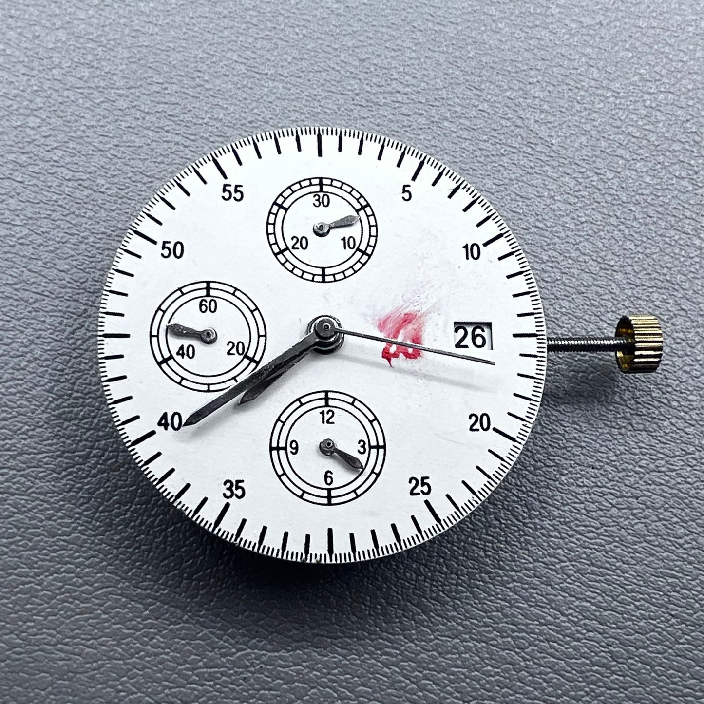 Shanghai 7750 mechanical watch movement with single calendar and small second at 9 o'clock, precision timekeeping.