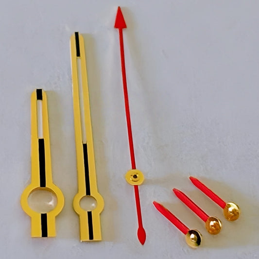 Golden and red 13.5mm watch hands compatible with ETA/Dandong 7750 movement for 116500 series.