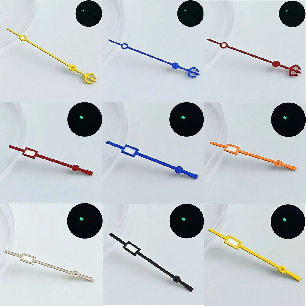 Green luminous watch hands for NH34, NH35, NH36 movements, personalized second hand.