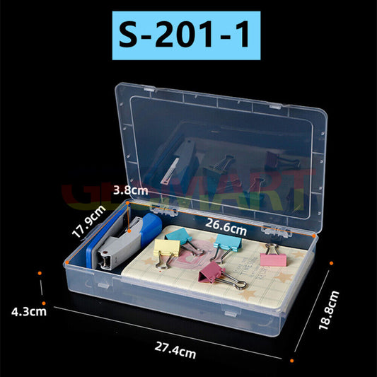 Clear hinged lid toolbox container 4.3x27.4x18.8cm for organized storage of watch accessories.