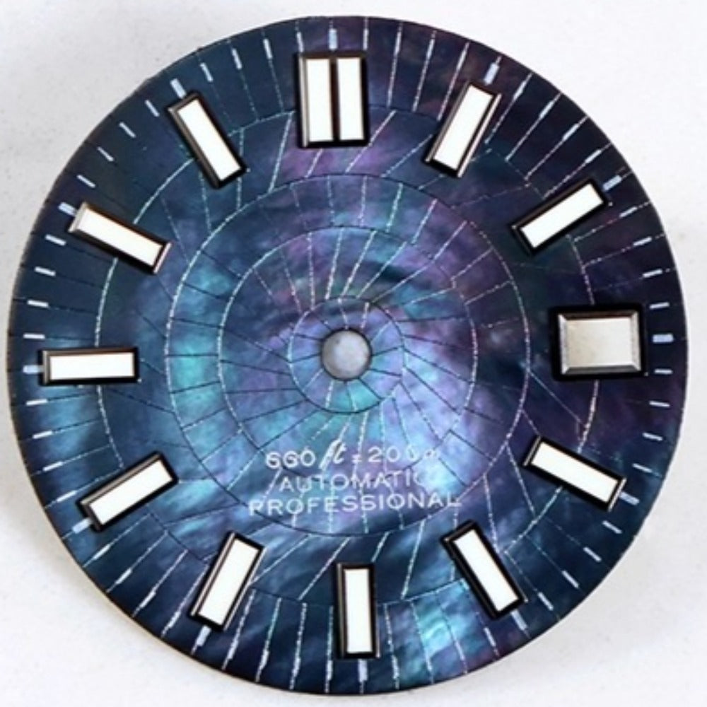 Blue Vein 28.5mm NH35 watch dial with natural seashell texture and glowing blue lume accents.
