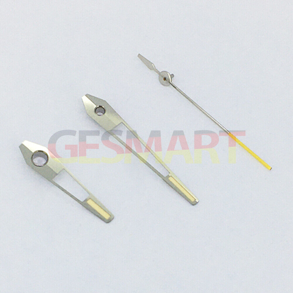 Yellow luminous watch hands with silver trim for China Made 8215/2813 & Miyota 8N24 movements, precision fit accessory.