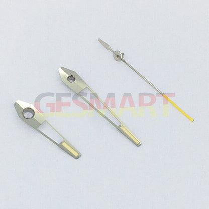 Yellow luminous watch hands with silver trim for China Made 8215/2813 & Miyota 8N24 movements, precision fit accessory.