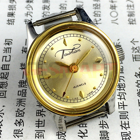 Elegant 26mm Liaocheng TAISHAN lady watch with manual mechanical movement, 19 jewels, and gold-tone detailing.