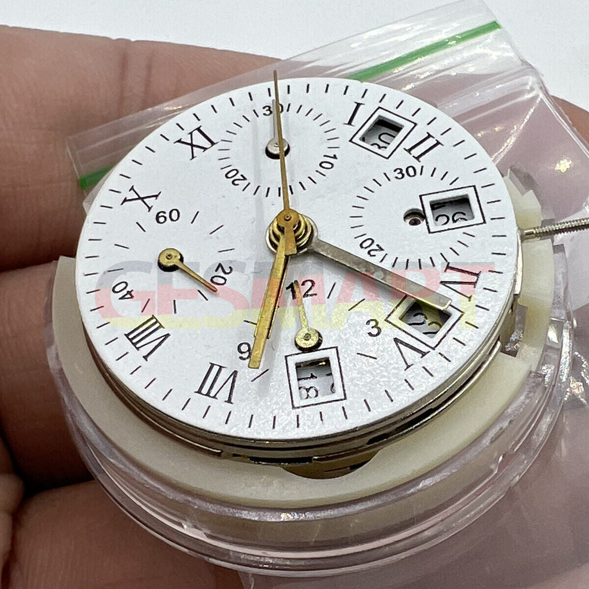 Asian 7750 automatic chronograph watch movement with single calendar, precision timing for watch repair upgrades.