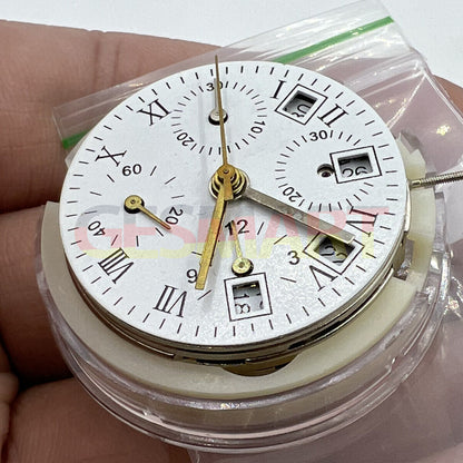 Asian 7750 automatic chronograph watch movement with single calendar, precision timing for watch repair upgrades.
