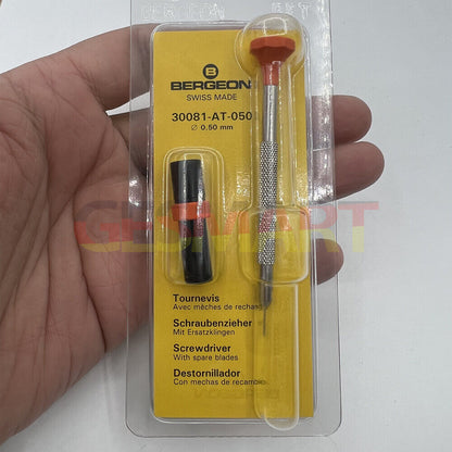 Bergeon 30081-AT-050 ergonomic 0.50mm screwdriver with spare blades for precise watch repairs.