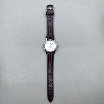 33mm Dark Brown Strap Manual Mechanical Watch Golden Nail Silver Dial Round Golden Case