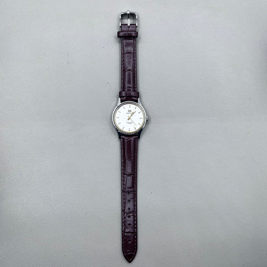 33mm Dark Brown Strap Manual Mechanical Watch Golden Nail Silver Dial Round Golden Case
