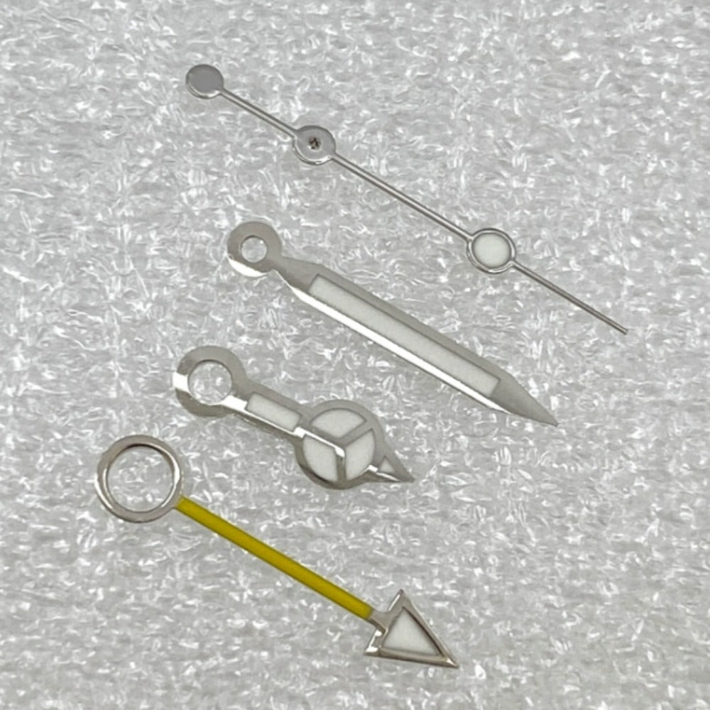 Silver-trimmed yellow GMT watch hands with BGW9 lume for NH34 movement, enhancing Seiko-style timepieces.