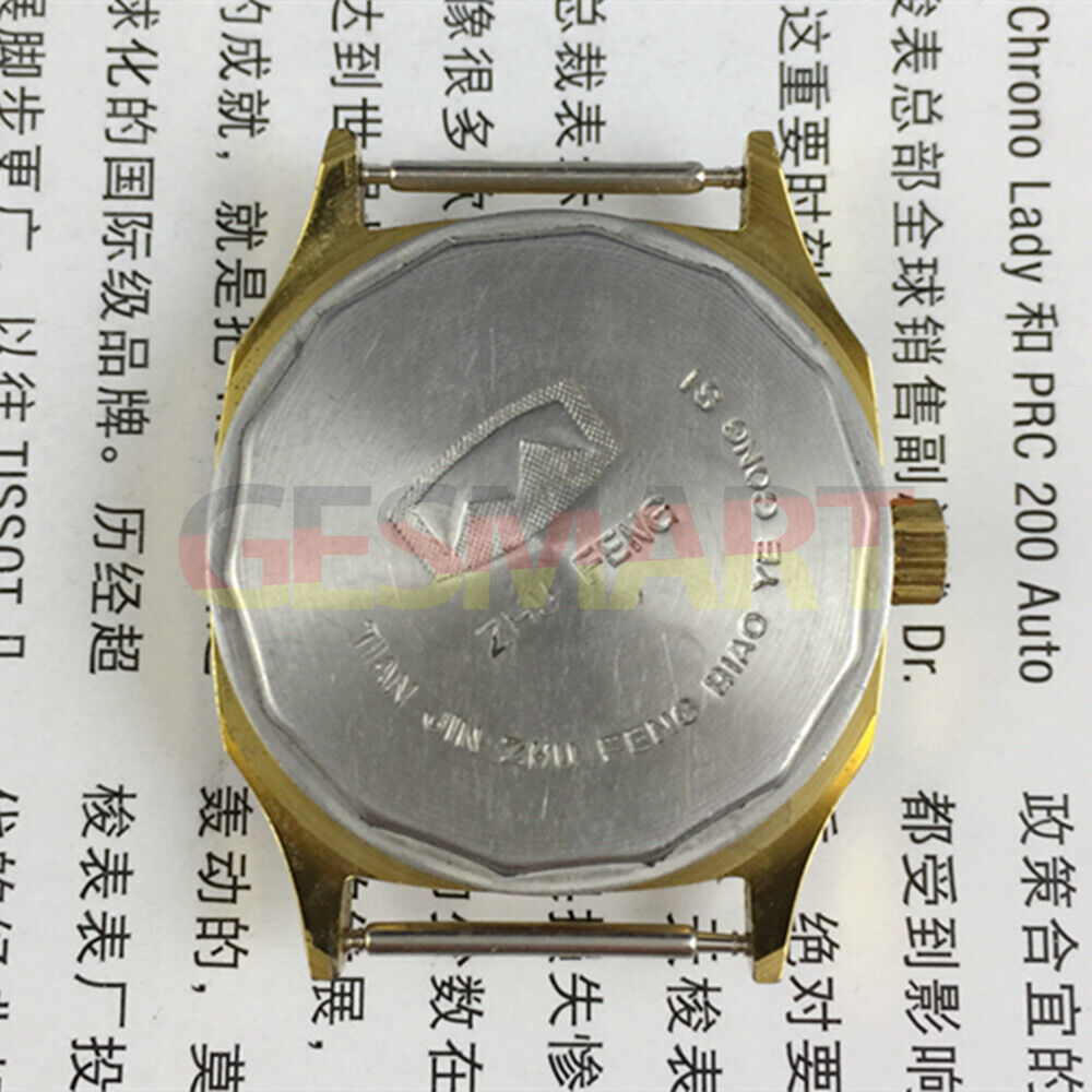 Tianjin Zhufeng 34mm octagonal gold mechanical watch with manual winding, elegant nail case design.
