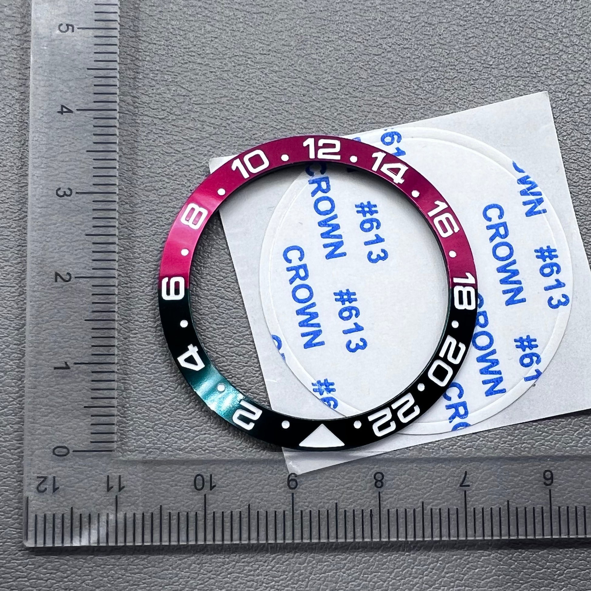 38mm GMT watch bezel insert with numerical markers, aluminum alloy, compatible with RLX movement, branded.