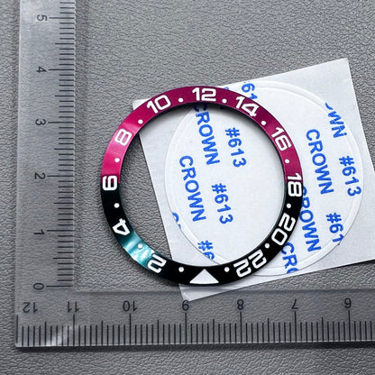 38mm GMT watch bezel insert with numerical markers, aluminum alloy, compatible with RLX movement, branded.