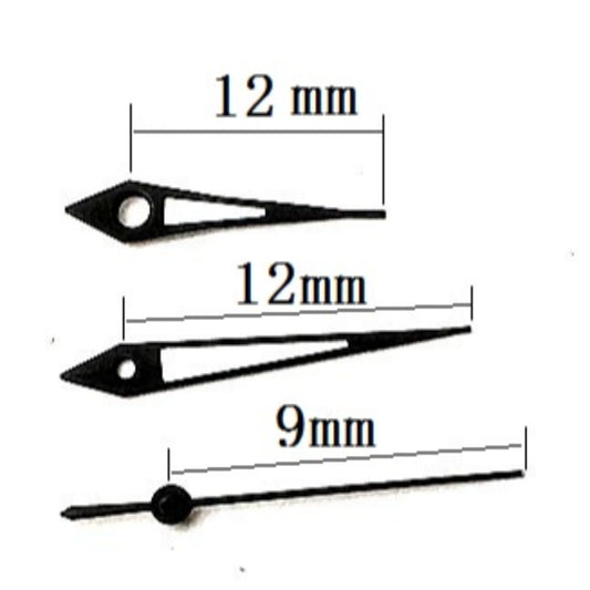 Aiguilles de montre luminescentes vertes en forme de flèche, garniture noire 12 x 12 x 9 mm, pour mouvement à quartz Miyota 2035