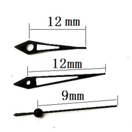 Aiguilles de montre luminescentes vertes en forme de flèche, garniture noire 12 x 12 x 9 mm, pour mouvement à quartz Miyota 2035