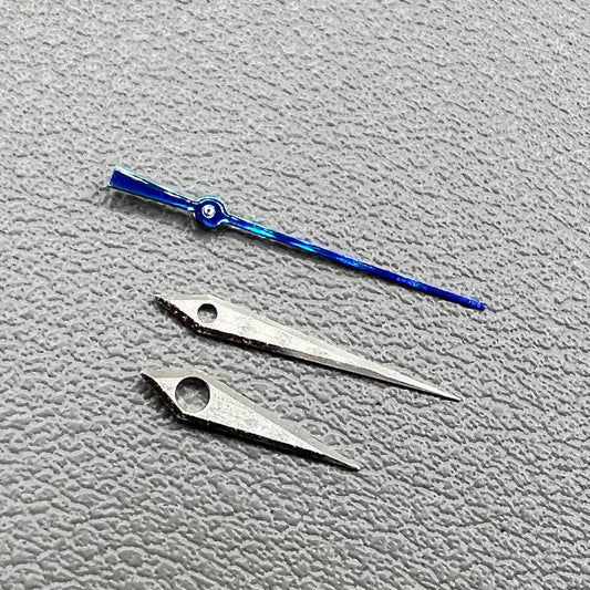 Silver and blue brushed watch hands set for NH35/36, 12.5mm, no lume, precision hemmed.