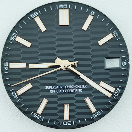Green Lume Waved Black Watch Dial with Rose Golden Trim Suitable for NH35