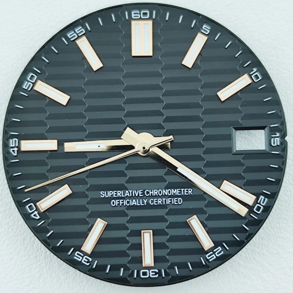 Green Lume Waved Black Watch Dial with Rose Golden Trim Suitable for NH35