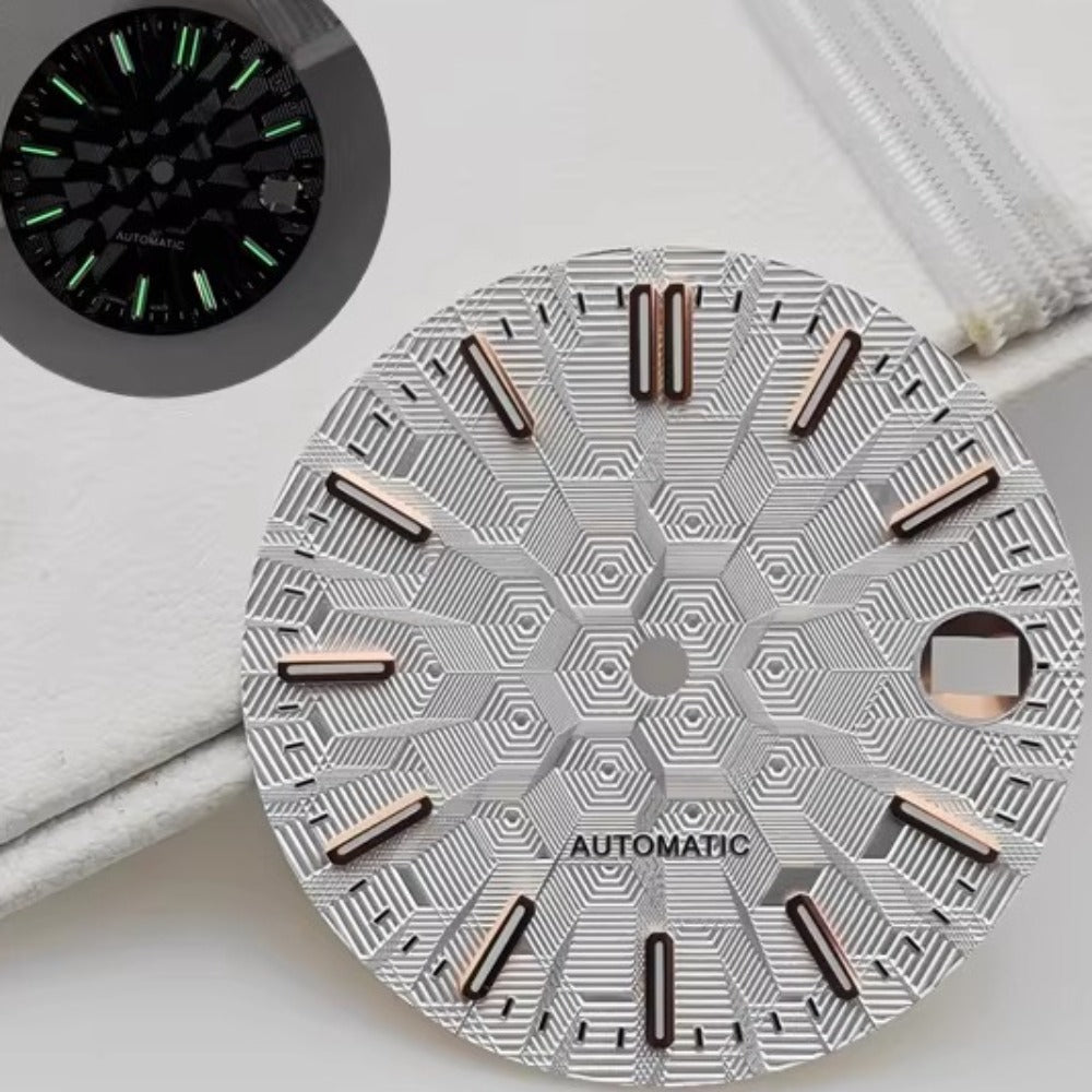 Rose gold 28.5mm nail-constructed lume watch dial, no logo, fit NH35 NH36 movements.
