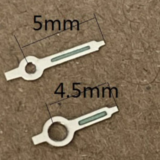 Silver trim green lume watch hands, compatible with Ronda 763, 762, 751, 1062, 1063 movements.
