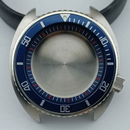 Silver 42.5mm watch case with blue bezel and ring, compatible with NH35 NH36 NH38 NH70 movements.