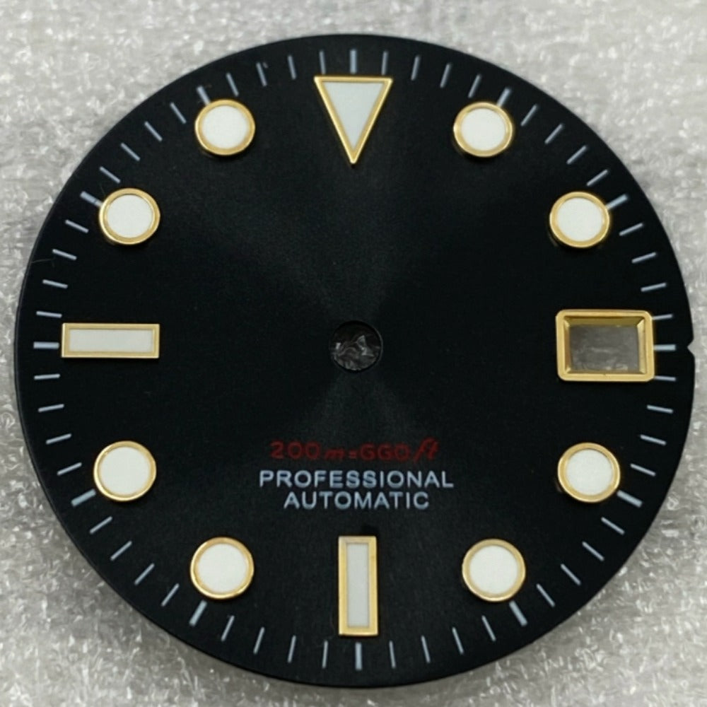 Green lume watch dial with golden trim on black background, compatible with NH35/36 movement.