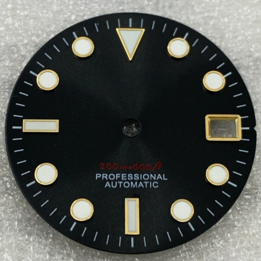 Green lume watch dial with golden trim on black background, compatible with NH35/36 movement.