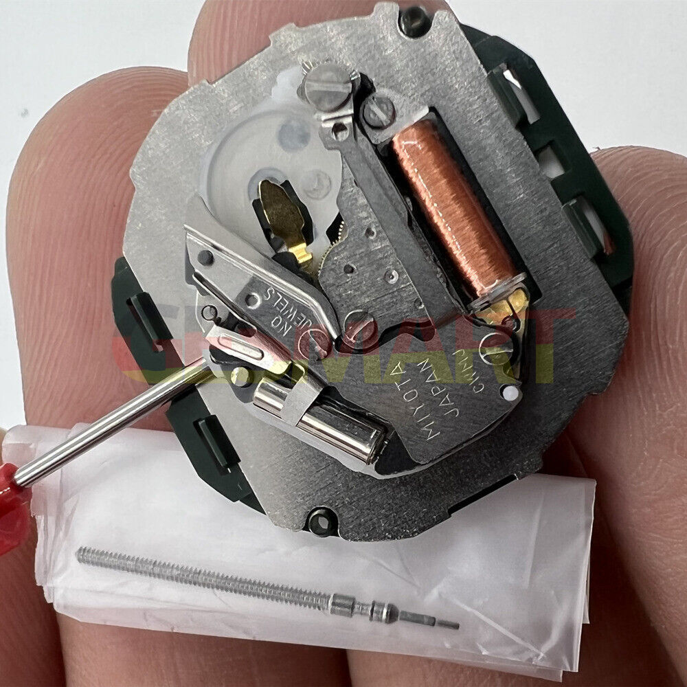 Quartz Miyota 2115 movement with date at 3, 3 hands, and watch stem for precise timekeeping.