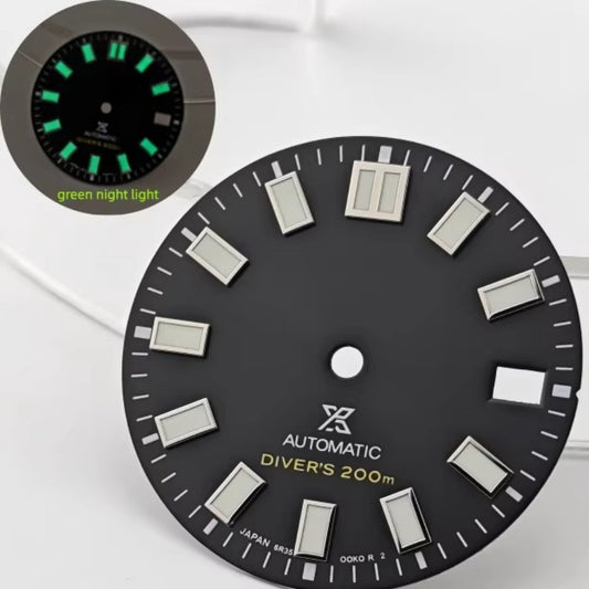 28.5mm black watch dial with green lume, no logo, fits NH35 NH36 movement, 200m diver's style.
